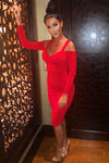 Red Slinky Ruched Cold Shoulder Dress