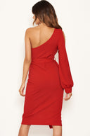 Red Split Sleeve One Shoulder Bodycon Midi Dress