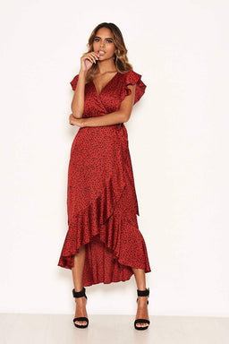Red Spotty Frill Wrap Dress With D Ring Belt