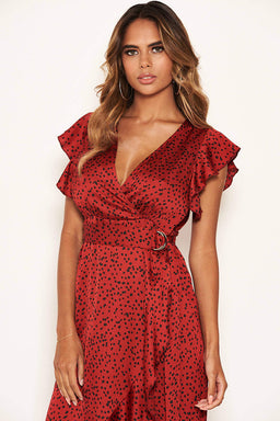 Red Spotty Frill Wrap Dress With D Ring Belt