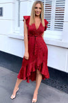 Red Spotty Frill Wrap Dress With D Ring Belt