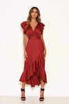 Red Spotty Frill Wrap Dress With D Ring Belt