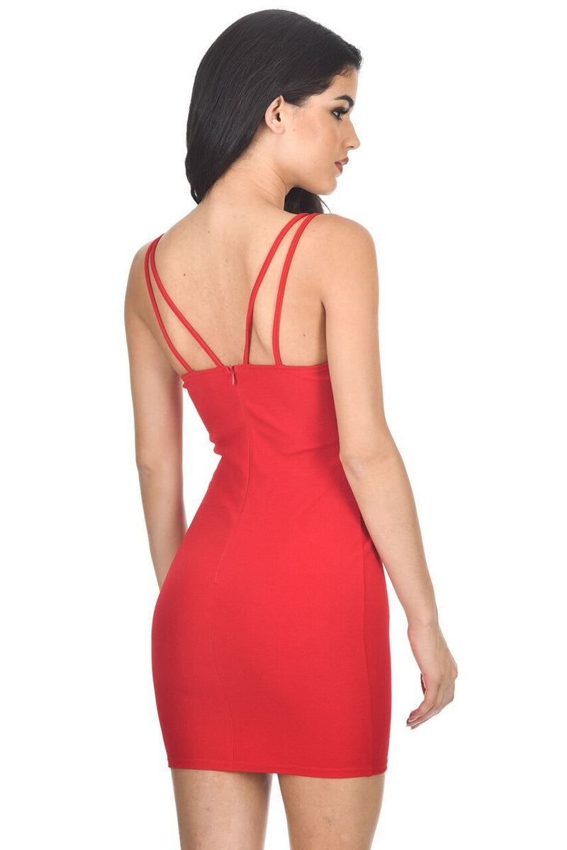 Red Strappy Mesh Insert Bodycon Dress