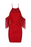 Red Tassel Detail Cold Shoulder Mini Dress