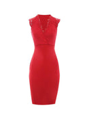 Red V-Neck Lace Midi Dress