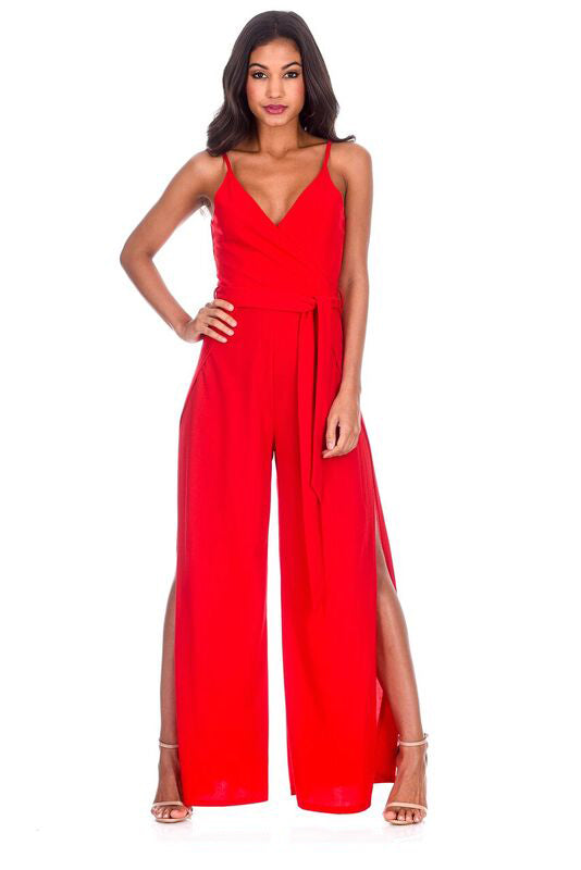 Red Wide Leg Thigh Split Jumpsuit