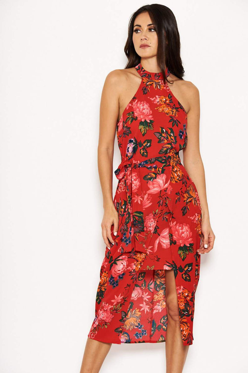 Red Floral Wrap Skirt Cut In Neck Dress