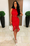 Red Fishtail Hem Lace Midi Dress