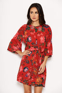 Red Floral Print Tie Front Shift Dress