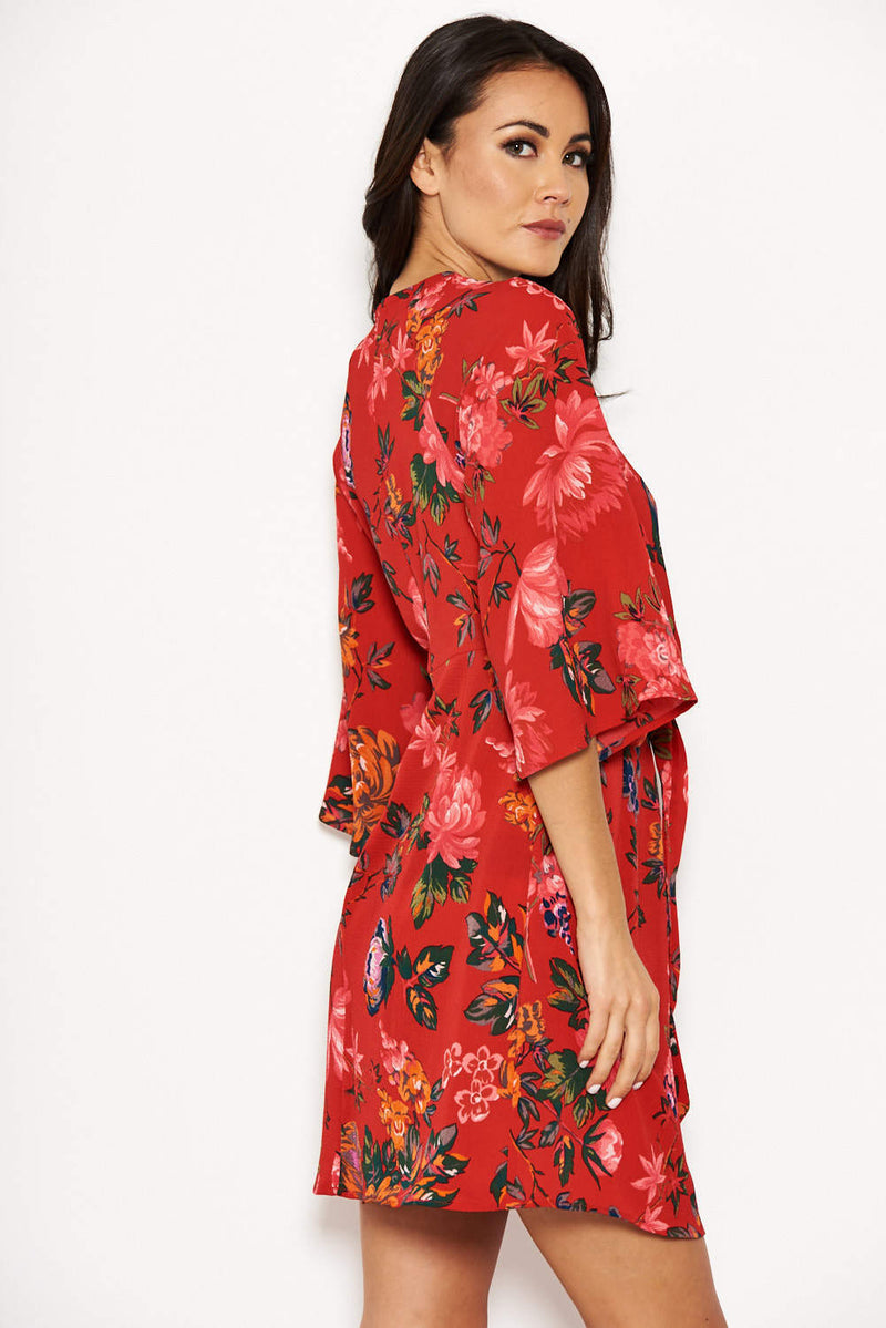 Red Floral Print Tie Front Shift Dress