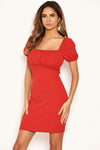 Red Square Neck Ruched Bodycon Mini Dress