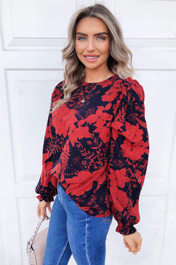 Red Floral Frill Shoulder Blouse