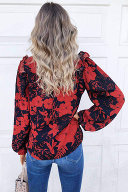 Red Floral Frill Shoulder Blouse