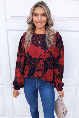 Red Floral Frill Shoulder Blouse