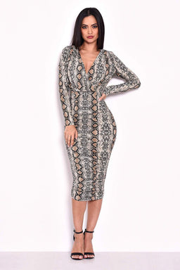 Ruched Snakeskin Slinky Wrap Dress