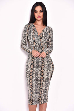 Ruched Snakeskin Slinky Wrap Dress