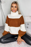 Rust And Cream Block Colour Knitted Jumper