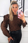 Rust Animal Print Pleated Sleeve Top