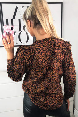 Rust Animal Print Pleated Sleeve Top
