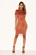 Rust Faux Suede Mini Dress with High Neck