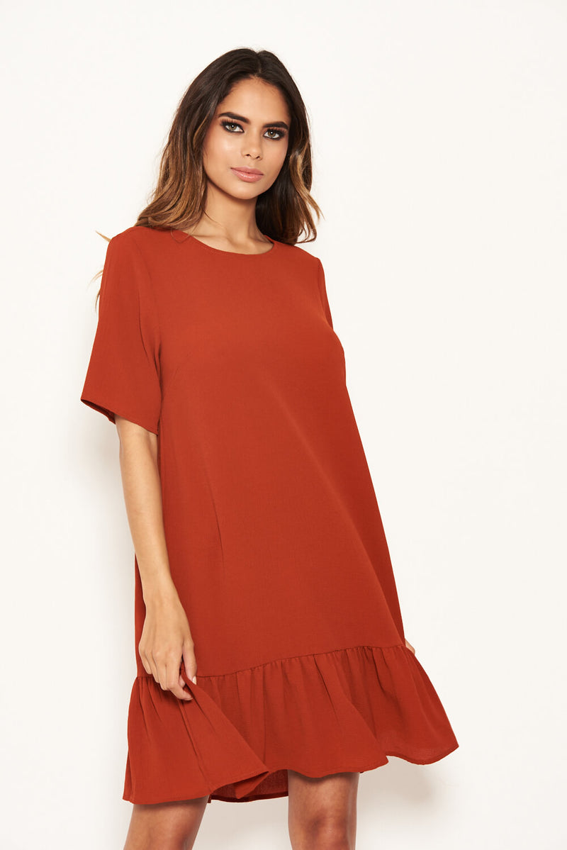 Rust Frill Hem Shift Dress