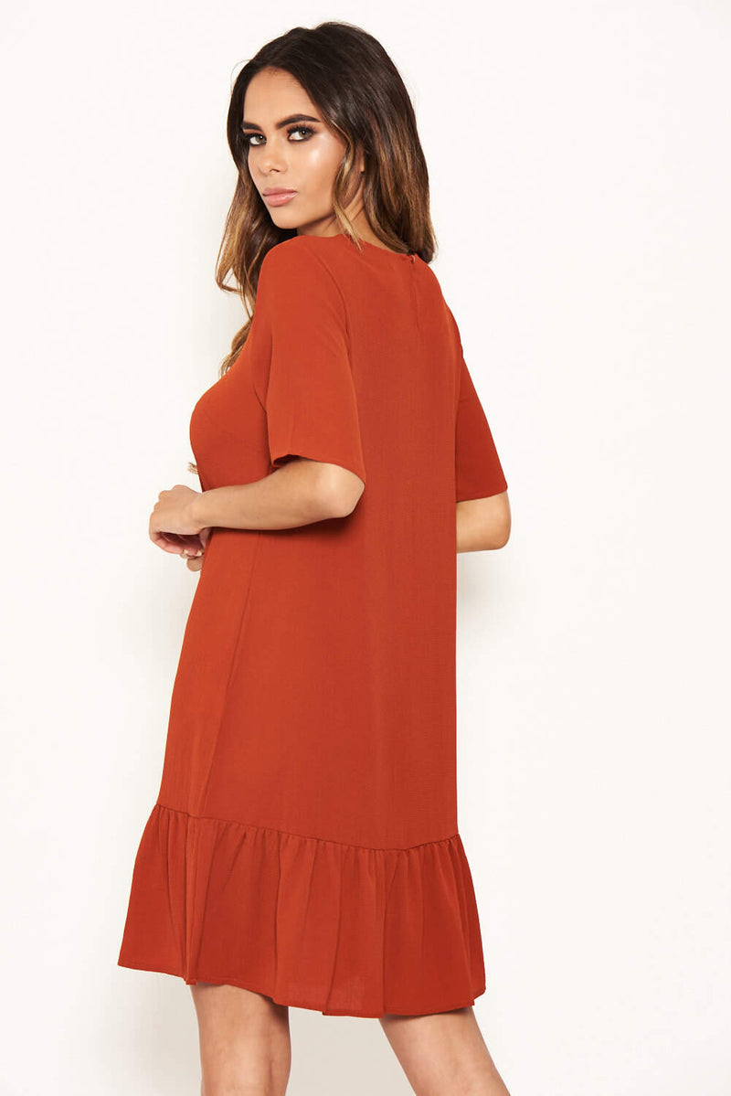 Rust Frill Hem Shift Dress