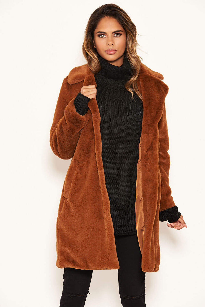 Rust Long Faux Fur Coat