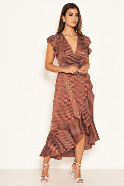 Rust Polka Dot D-Ring Wrap Midi Dress