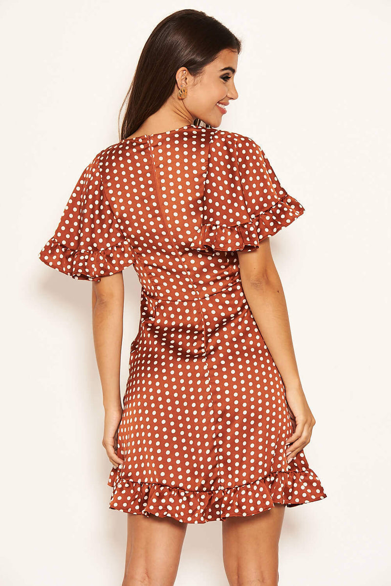 Rust Polka Dot Gathered Tie Front Dress