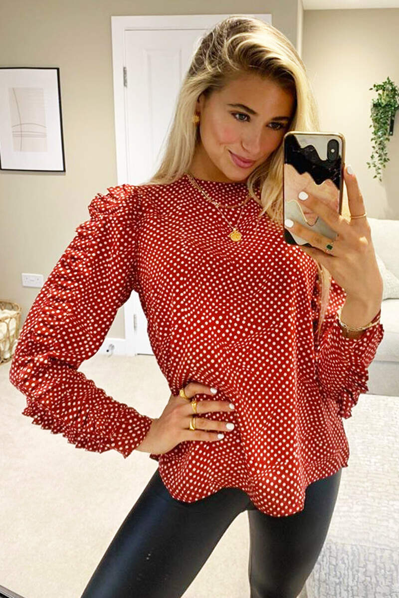 Rust Polka Dot Ruffle Sleeve Top