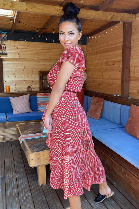 Rust Polka Dot Wrap Over Midi Dress