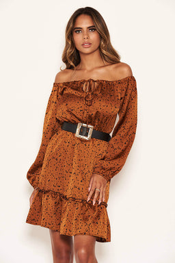 Rust Printed Off Shoulder Dress