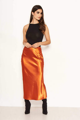 Rust Satin Midi Skirt