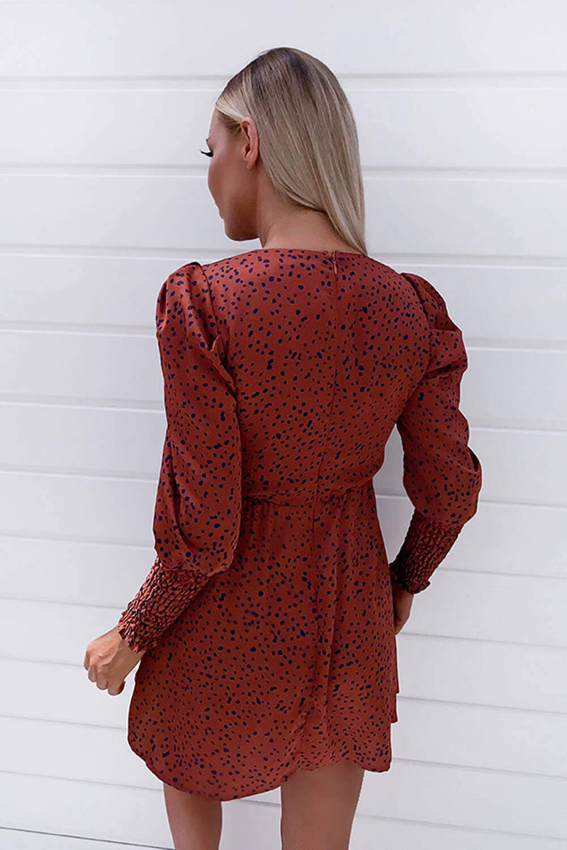 Rust Spotty Skater Puff Sleeve Dress