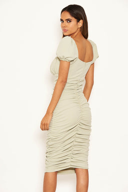 Sage Puff Sleeve Ruched Bodycon Midi Dress