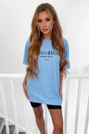 Sky Blue Slogan Printed Oversized Tee