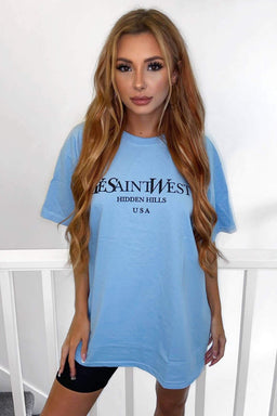 Sky Blue Slogan Printed Oversized Tee
