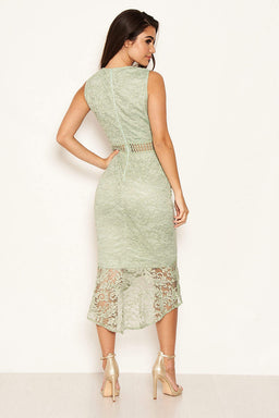 Sage Fishtail Hem Lace Midi Dress