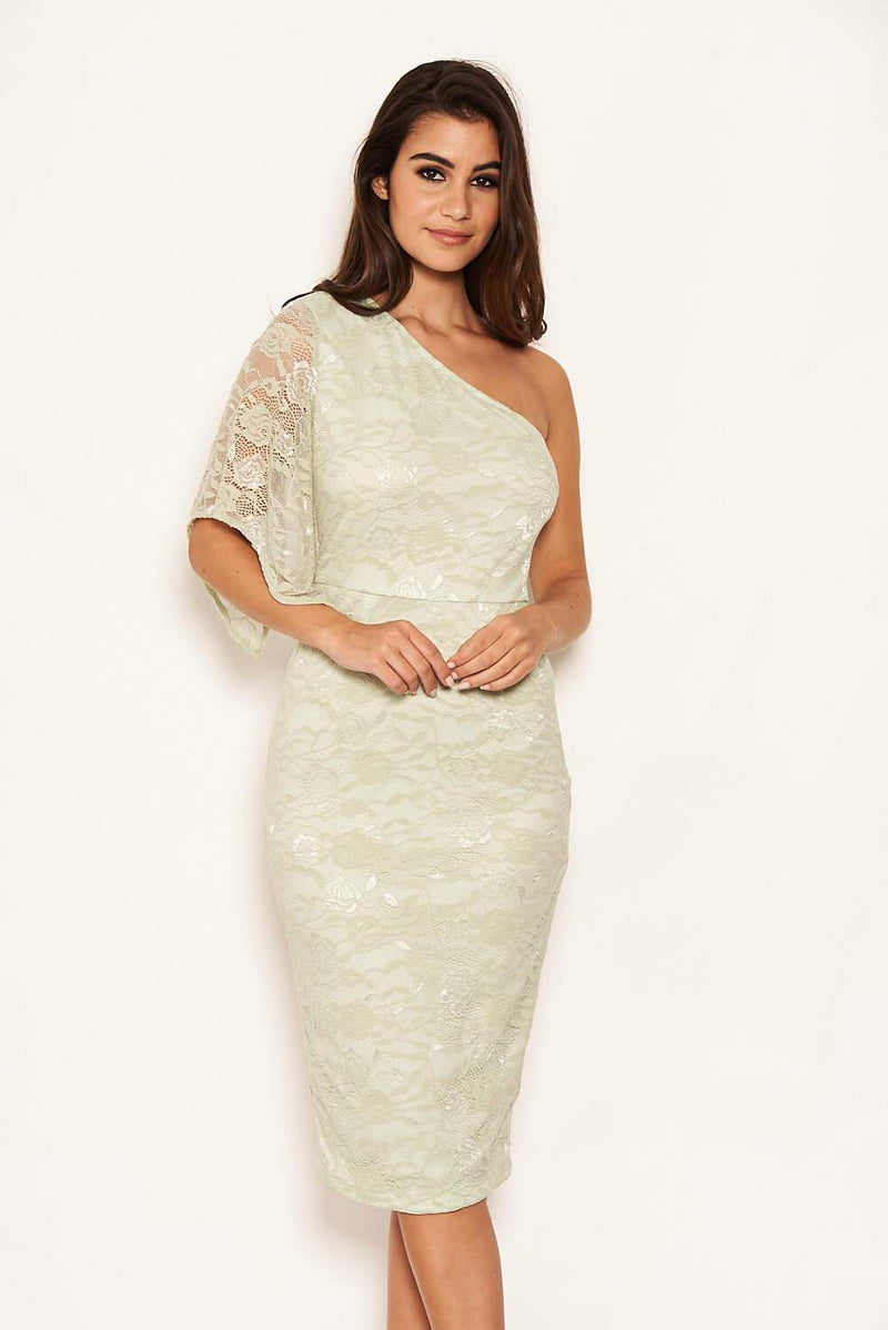 Sage Lace One Shoulder Midi Dress