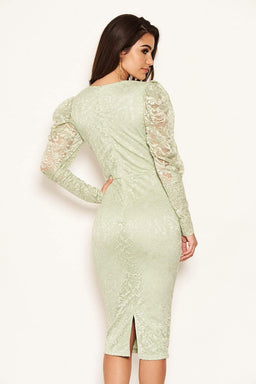 Sage Lace Puff Sleeve Midi Dress