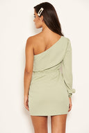 Sage One Shoulder Dress  With Side Ruched Tie Detail