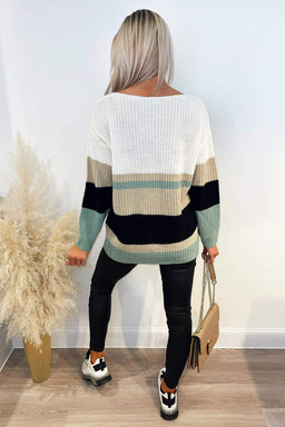 Sage V Front Colour Block Striped Knitted Jumper