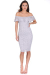 Silver Ruffled Off The Shoulder Lace Midi Dress