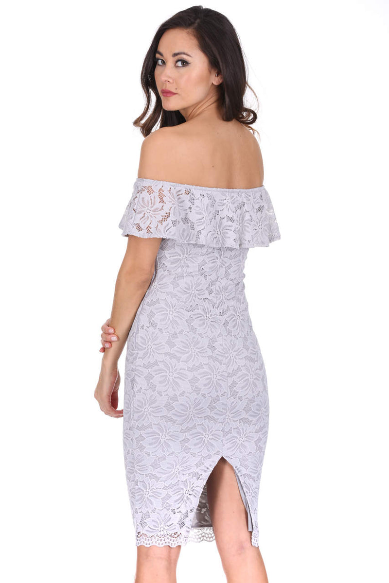 Silver Ruffled Off The Shoulder Lace Midi Dress