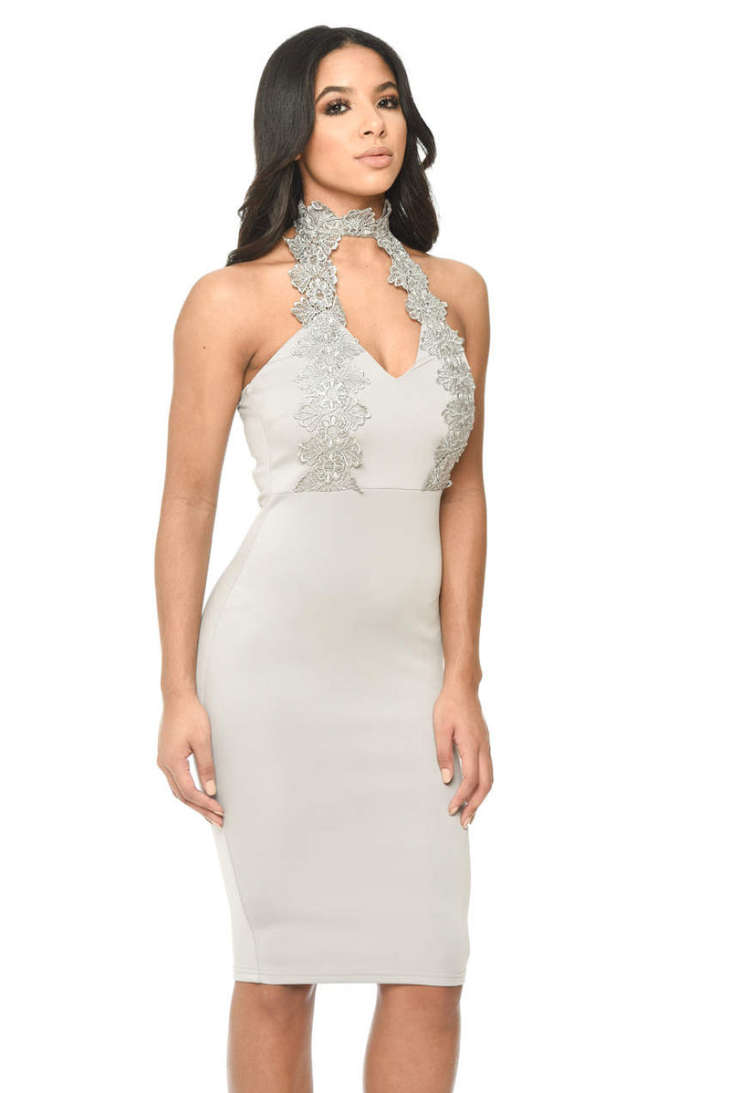 Silver Halterneck Choker Dress With Lace Detail