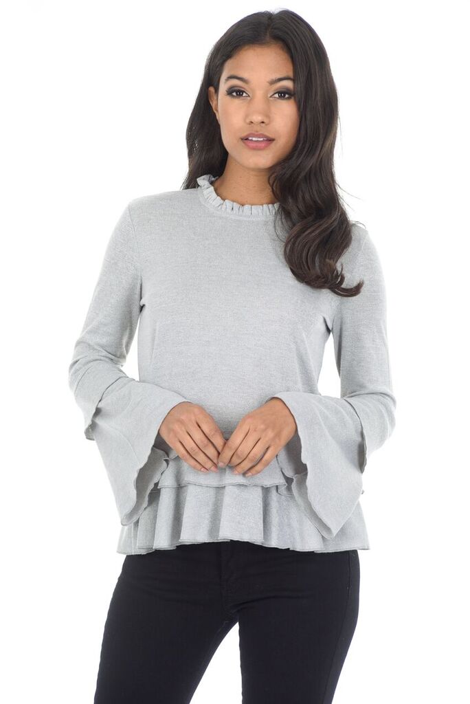Silver High Neck Bell Sleeve Top