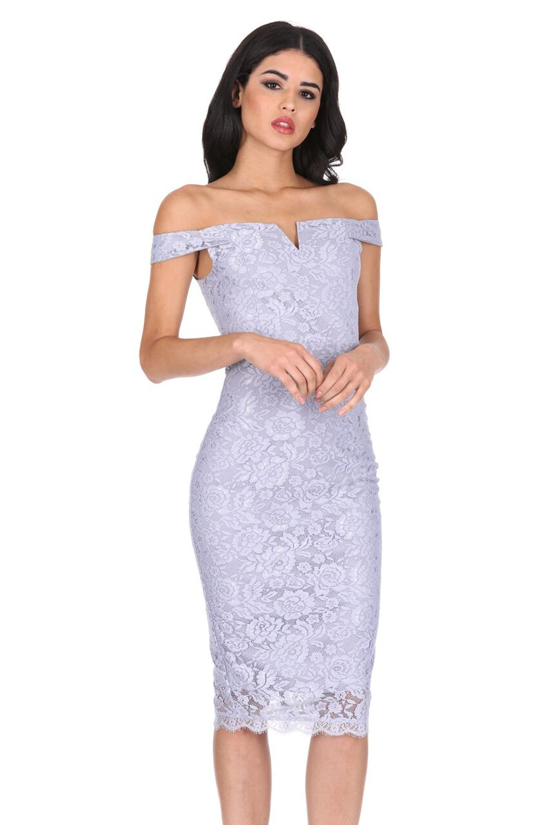 Silver Lace Bardot Midi Dress AX Paris US Silver Lace Bardot Midi Dress AX Paris US