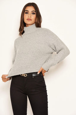 Silver Roll Neck Cropped Knit Jumper