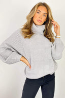 Silver Roll Over Balloon Sleeve Knitted Jumper