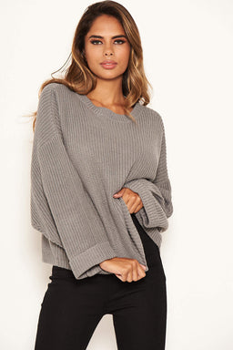 Silver Wide Sleeve Cropped Knit Jumper